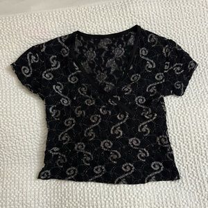 Vintage 90’s Y2K Black and Silver Lace Wrap Top